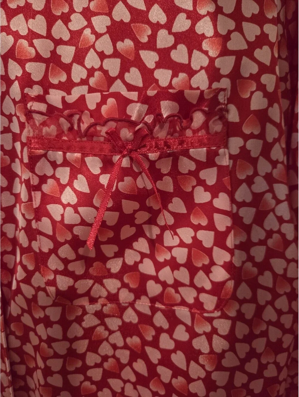 Morgan Taylor Intimates M Red Pink Heart Satin Sleepshirt Button Down Pajama